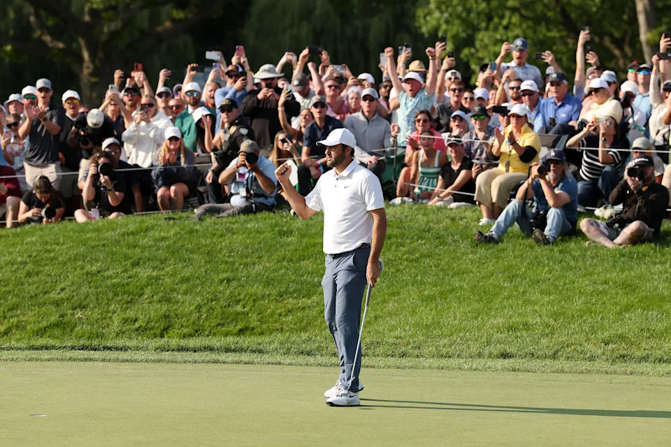 Scottie Scheffler of the United States celebrates after making par on the 18th green to win the Memorial Tournament presented by Workday 2025 at Muirfield Village Golf Club on June 01, 2025 in Dublin, Ohio.