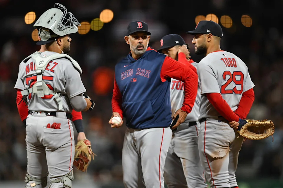 Boston Red Sox manager Alex Cora switches pitchers against the San Francisco Giants in the sixth inning at Oracle Park.Eakin Howard-Imagn Images