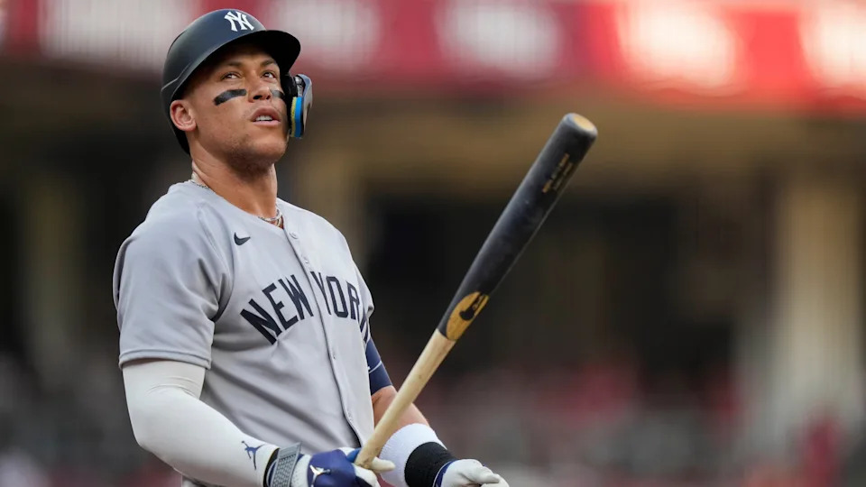 New York Yankees outfielder Aaron Judge (99) looks out between pitches in the first inning of the MLB interleague game between the Cincinnati Reds and the New York Yankees at Great American Ball Park in downtown Cincinnati on Tuesday, June 24, 2025.
