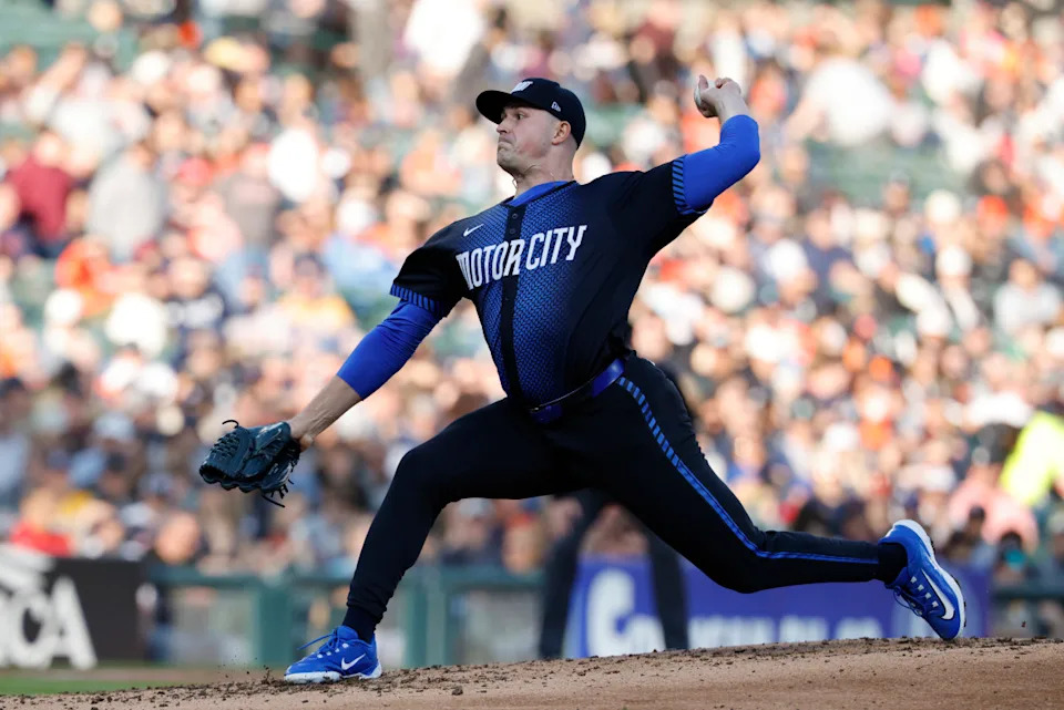 Lefty starter Tarik Skubal throws a pitch against the Rangers on Friday. © Rick Osentoski-Imagn Images