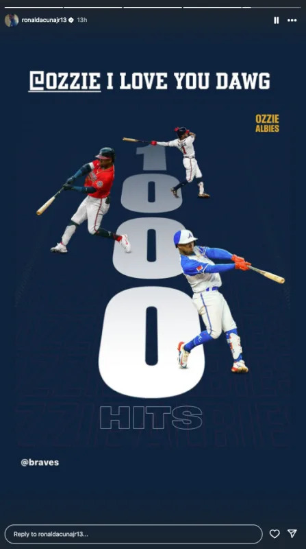 Atlanta Braves' Ronald Acuna Jr. reacting to Ozzie Albies newsInstagram&sol;ronaldacunajr13