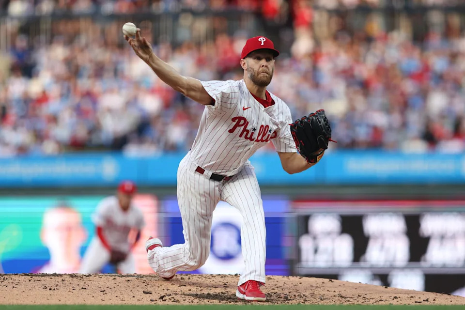 Philadelphia Phillies pitcher Zack Wheeler (45) throws a pitch against the Atlanta Braves during the third inning at Citizens Bank Park.Bill Streicher-Imagn Images