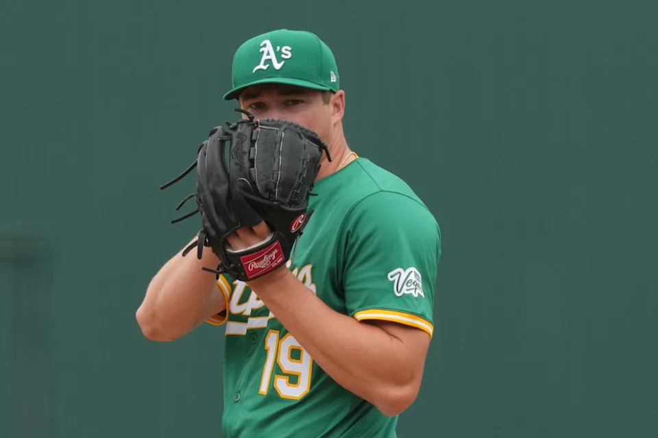 Athletics pitcher Mason Miller (19) stands on the mound during the ninth inning against the Baltimore Orioles at Sutter Health Park.Darren Yamashita-Imagn Images