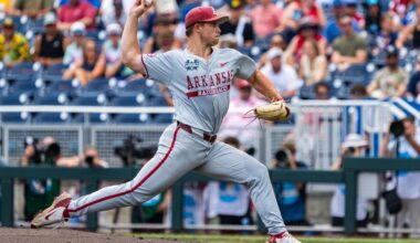 How did Arkansas baseball pitcher do in CWS opener?
