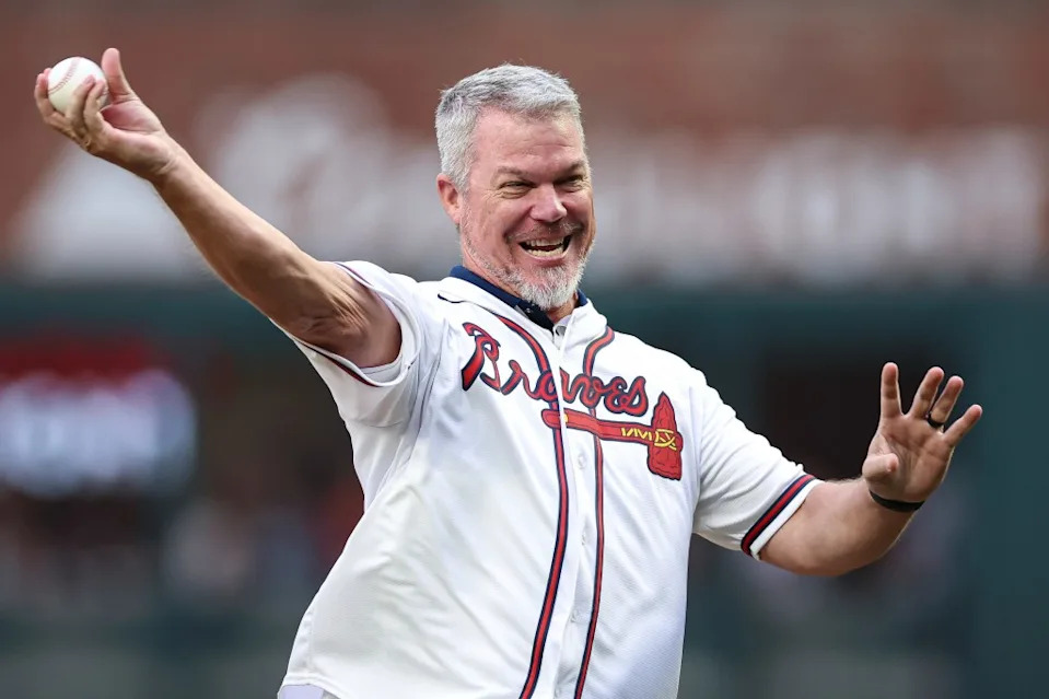Atlanta Braves’ Chipper Jones throws the ceremonial first pitch, April 22, 2025, in Atlanta. AP