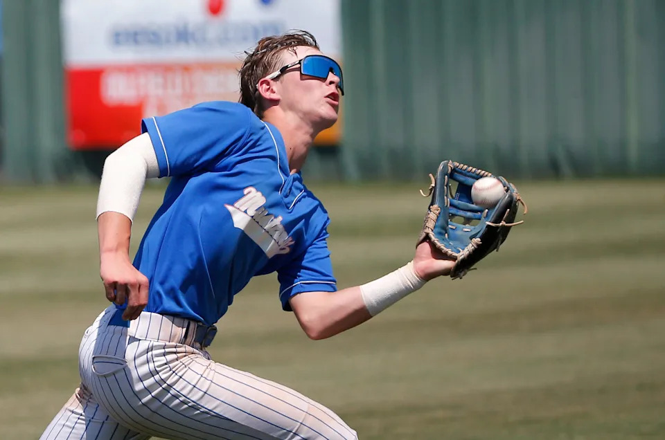 Ft. Cobb-Broxton's Eli Willits catches a foul ball during the Class B state baseball championship game between Ft. Cobb-Broxton and Roff at Edmond Santa Fe High School in Edmond, Okla., Monday, May, 8, 2023.