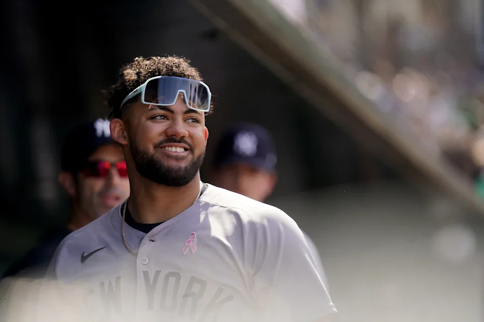 May 11, 2025; West Sacramento, California, USA; New York Yankees left fielder Jasson Dominguez (24) stands in the dugout against the Athletics in the seventh inning at Sutter Health Park. Mandatory Credit: Cary Edmondson-Imagn Images