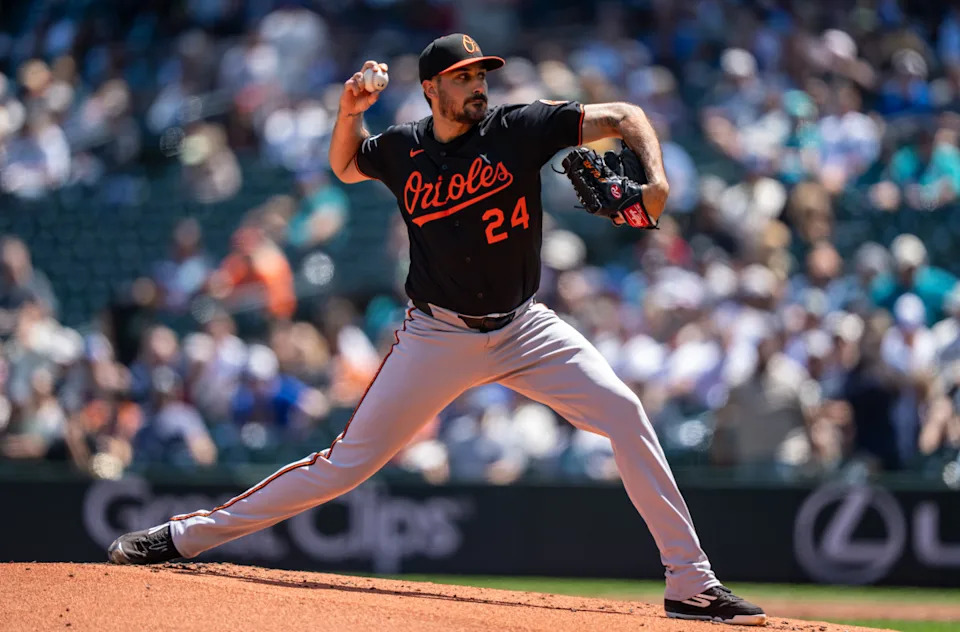 Baltimore Orioles starter Zach Eflin (24) delivers a pitch during the first inning against the Seattle Mariners at T-Mobile Park.Stephen Brashear-Imagn Images