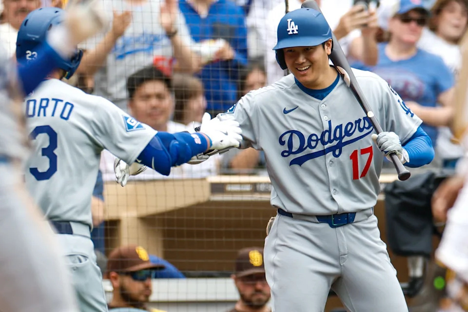 Michael Conforto celebrates his home run with Shohei Ohtani.