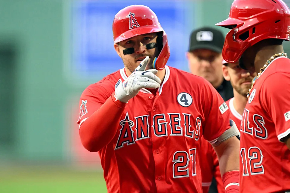Angels outfielder Mike Trout (27) reacts after hitting a three-run home run against the Red Sox.Brian Fluharty-Imagn Images