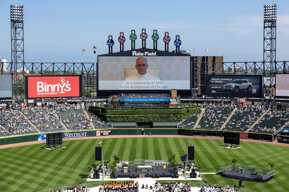 Pope Leo XIV delivers a video message during a public celebration hosted by the Chicago White Sox and the Archdiocese of Chicago on June 14, 2025.