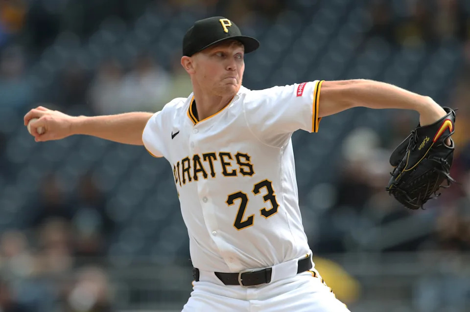 Pittsburgh Pirates starting pitcher Mitch Keller (23) delivers a pitch against the Milwaukee Brewers during the first inning at PNC Park.Charles LeClaire-Imagn Images