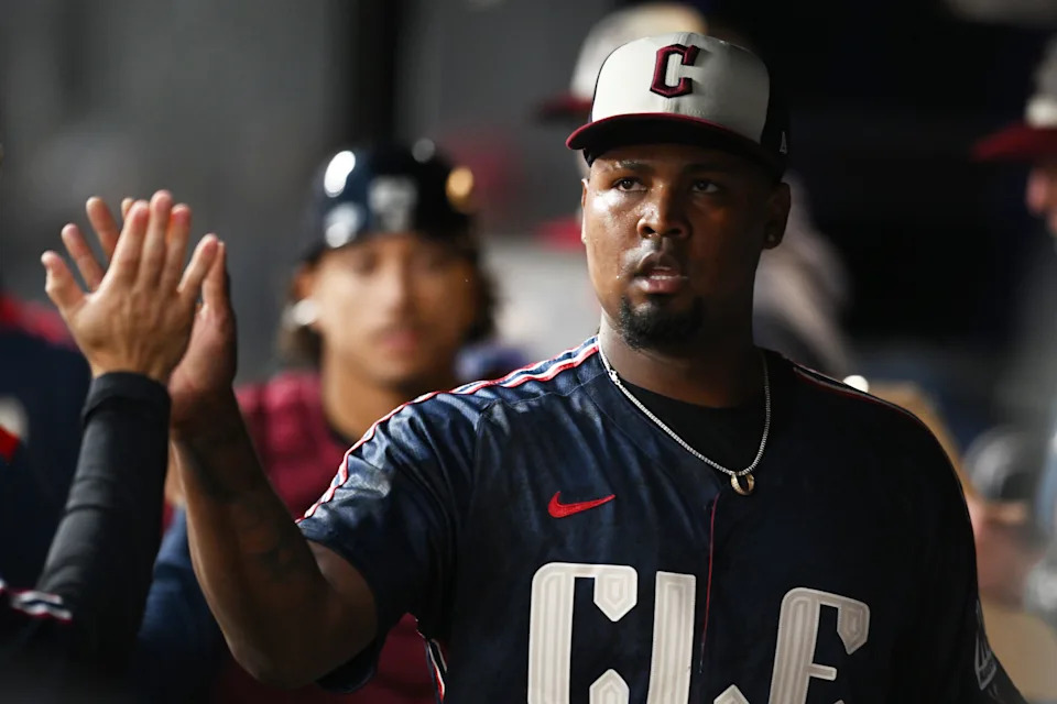May 30, 2025; Cleveland, Ohio, USA; Cleveland Guardians starting pitcher Luis Ortiz (45) celebrates during the fifth inning against the Los Angeles Angels at Progressive Field. Mandatory Credit: Ken Blaze-Imagn Images