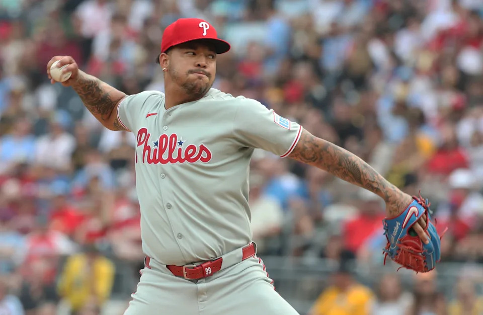 Philadelphia Phillies relief pitcher Taijuan Walker (99) pitches against the Pittsburgh Pirates during the eighth inning at PNC Park.Charles LeClaire-Imagn Images