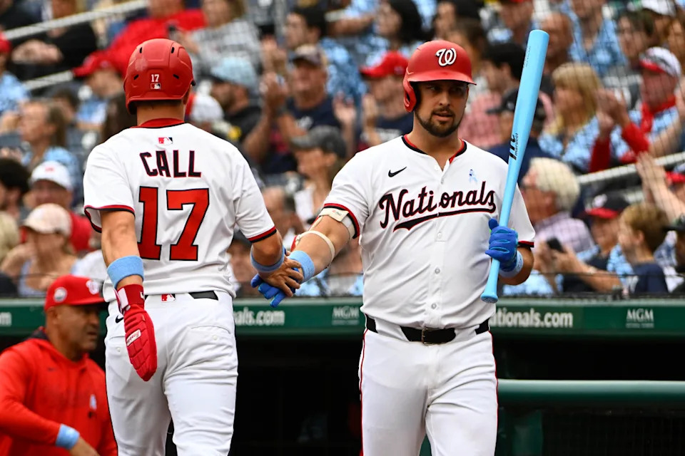 Jun 15, 2025; Washington, District of Columbia, USA; Washington Nationals right fielder Alex Call (17) is congratulated by first baseman Nathaniel Lowe (33) after scoring a run against the Miami Marlins during the first inning at Nationals Park.Brad Mills-Imagn Images
