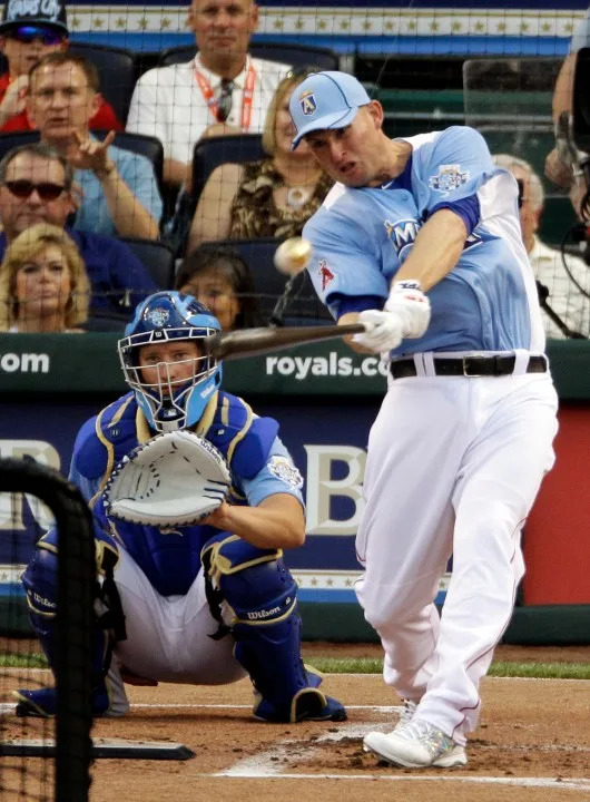 American League’s Mark Trumbo, of the Los Angeles Angels, participates in the MLB All-Star baseball Home Run Derby, Monday, July 9, 2012, in Kansas City, Mo. (AP Photo/Charlie Neibergall)