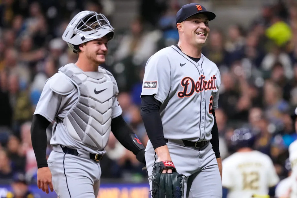 Tigers pitcher Tarik Skubal smiles as he returns to the dugout against the Brewers at American Family Field.Jeff Hanisch-Imagn Images
