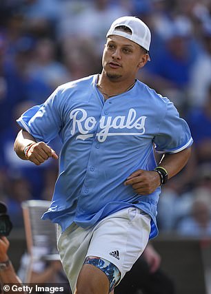 Kansas City Chiefs quarterback Patrick Mahomes during the Big Slick Charity Softball prior to a game between the Colorado Rockies and the Kansas City Royals on June 2, 2023