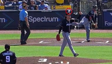 Ryan Weathers is hit in the head by a throw from his own catcher Nick Fortes before the game
