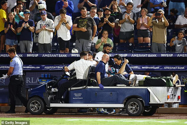 Bigge was eventually carted off the field and managed to give a thumbs up to Rays fans