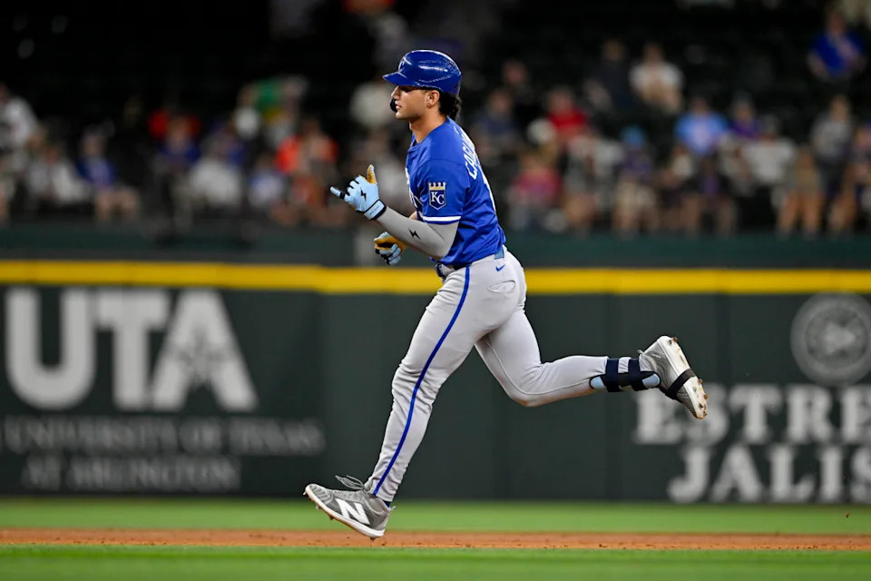 Kansas City Royals right fielder Jac Caglianone (14) rounds the bases after hitting a home run against the Texas Rangers during the ninth inning at Globe Life Field.Jerome Miron - Imagn Images