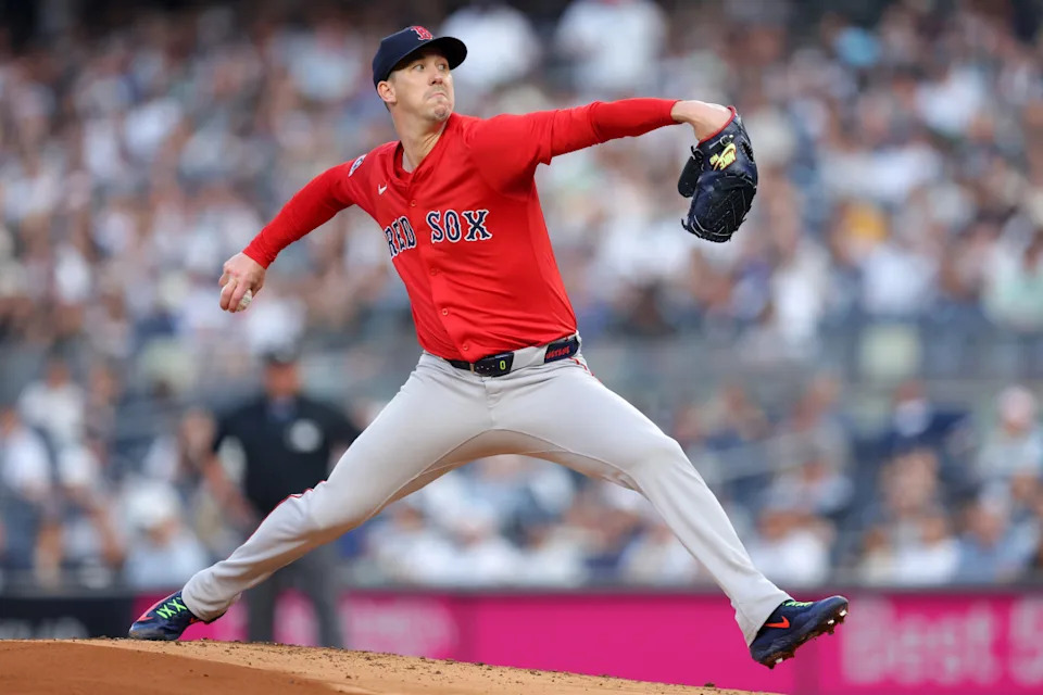 Boston Red Sox starting pitcher Walker Buehler (0) pitches against the New York Yankees during the first inning at Yankee Stadium. Brad Penner-Imagn Images
