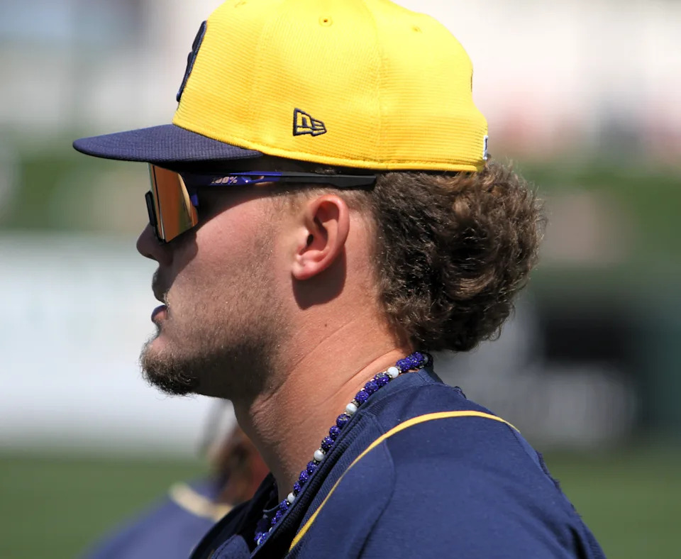 Milwaukee Brewers prospect Brock Wilken is pictured prior to a spring training game in 2024.