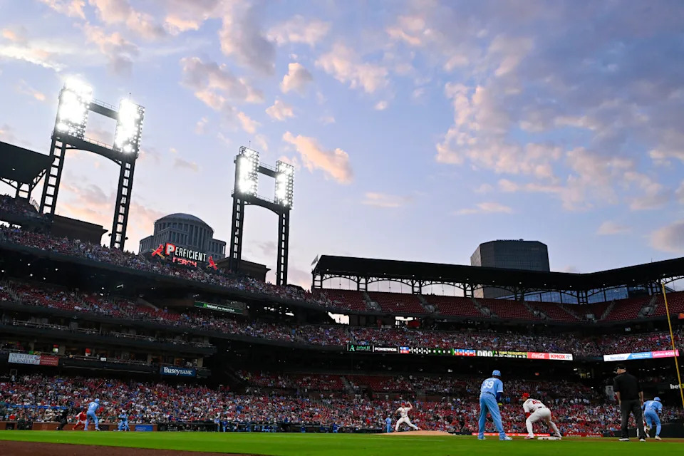 Sunset view of Busch Stadium as St. Louis Cardinals reliever John King pitches against the Kansas City Royals on June 5. Jeff Curry-Imagn Images