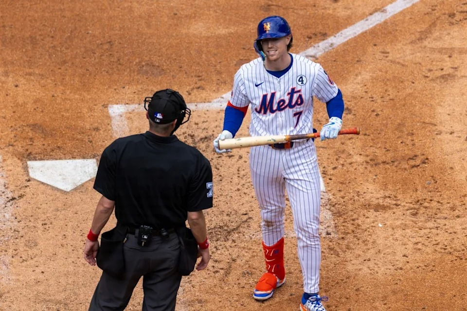 Brett Baty reacts after he strikes out looking in the fourth inning against the Colorado Rockies on June 1, 2025. Corey Sipkin for the NY POST