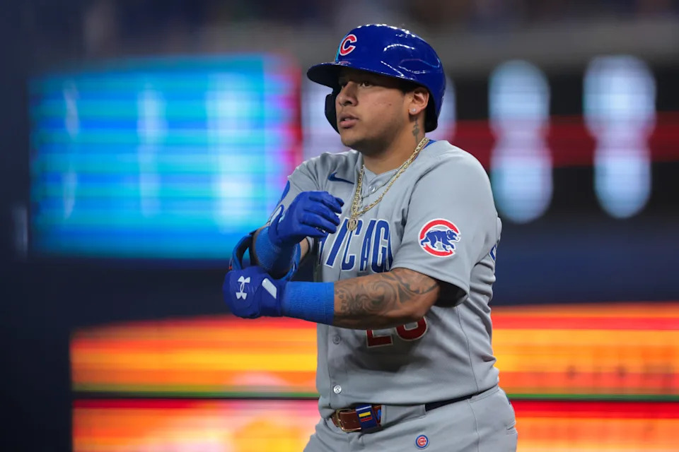 Chicago Cubs designated hitter Moises Ballesteros (25) looks on from first base after hitting a single against the Miami Marlins during the sixth inning at loanDepot Park.Sam Navarro-Imagn