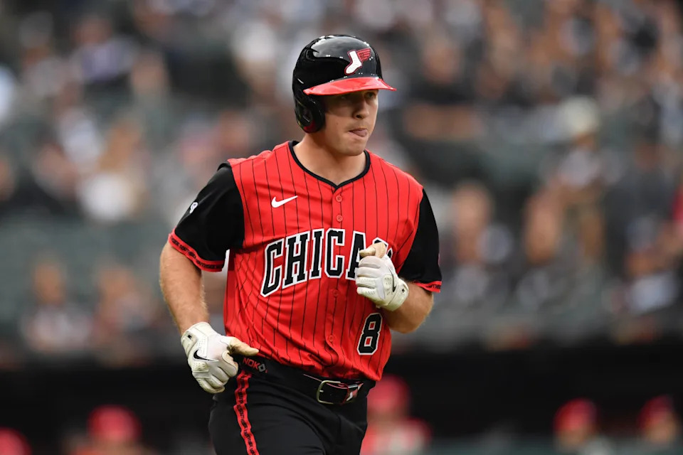 Chicago White Sox catcher Kyle Teel (8) jogs to first base after taking his first walk in his MLB debut during the second inning against the Kansas City Royals at Guaranteed Rate Field.Patrick Gorski-Imagn Images