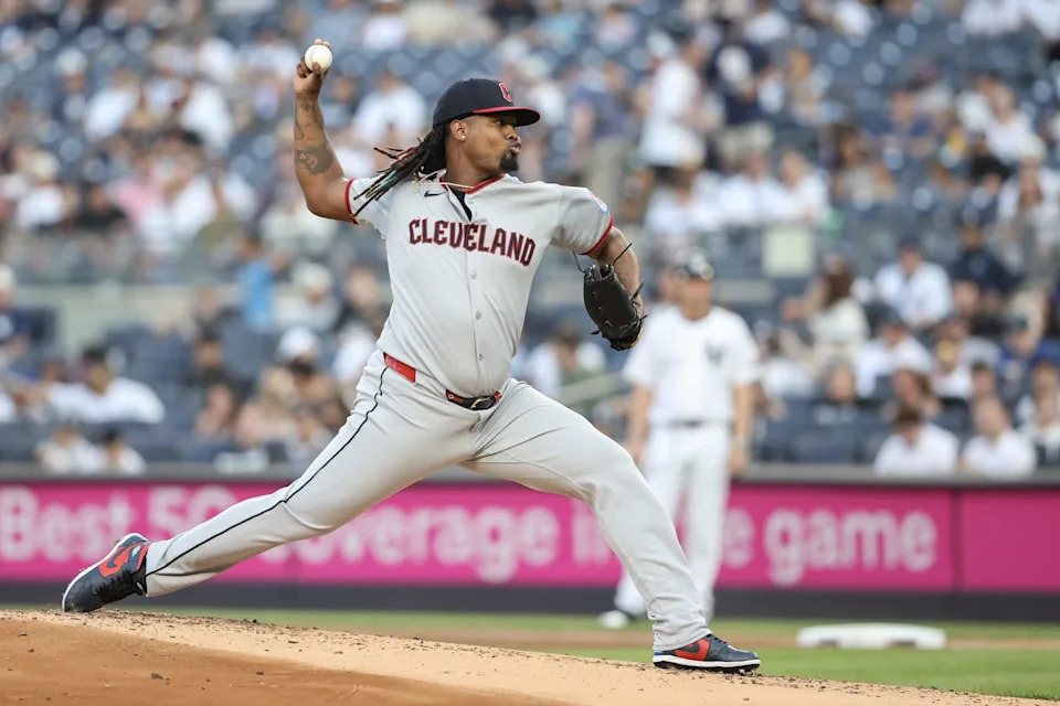 Cleveland Guardians starting pitcher Luis L. Ortiz (45) pitches against the New York Yankees on June 4, 2025, in Bronx, New York.