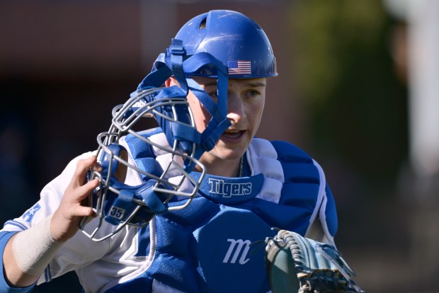 Memphis catcher Hunter Goodman plays in an NCAA baseball game against Xavier Friday, Feb. 15, 2020, in Memphis, Tenn. (AP Photo/Brandon Dill)