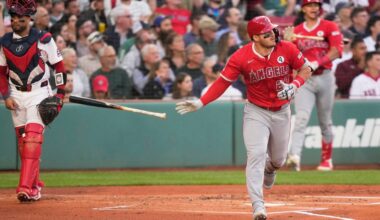 Los Angeles Angels designated hitter Mike Trout (27) watches his home run during the first inning of a baseball game against the Boston Red Sox, Monday, June 2, 2025, in Boston. (AP Photo/Robert F. Bukaty)