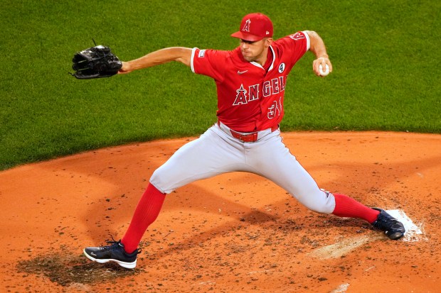 Angels starting pitcher Tyler Anderson throws to the plate during...