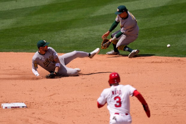 A’s shortstop Max Schuemann, left, and second baseman Luis Urías,...