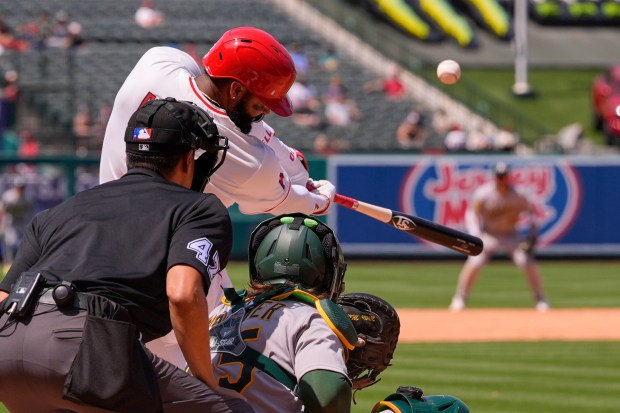 The Angels’ Jo Adell hits a two-run home run during...