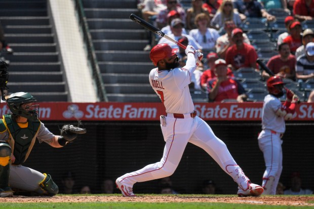 The Angels’ Jo Adell hits a two-run home run during...