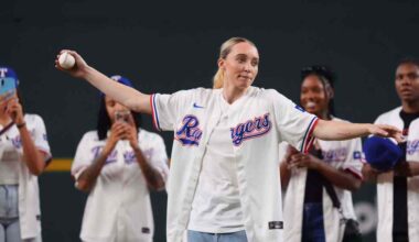Paige Bueckers throws out first pitch at Texas Rangers game