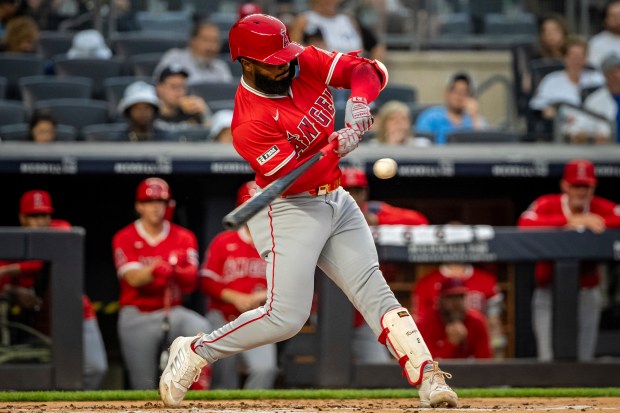 The Angels’ Luis Rengifo hits a foul ball during the...
