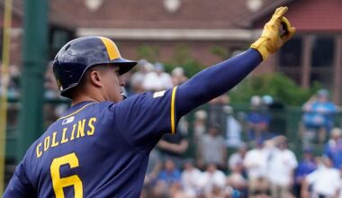 Milwaukee Brewers' Isaac Collins gestures after hitting a three-run home run against the Chicago Cubs during the fifth inning of a baseball game Thursday, June 19, 2025, in Chicago. (AP Photo/David Banks)