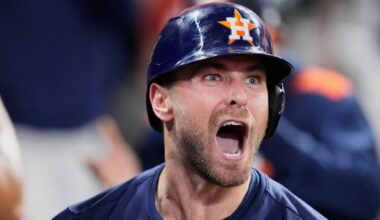 Houston Astros' Cooper Hummel celebrates in the dugout after hitting a home run against the Philadelphia Phillies during the eighth inning of a baseball game Tuesday, June 24, 2025, in Houston. (AP Photo/David J. Phillip)