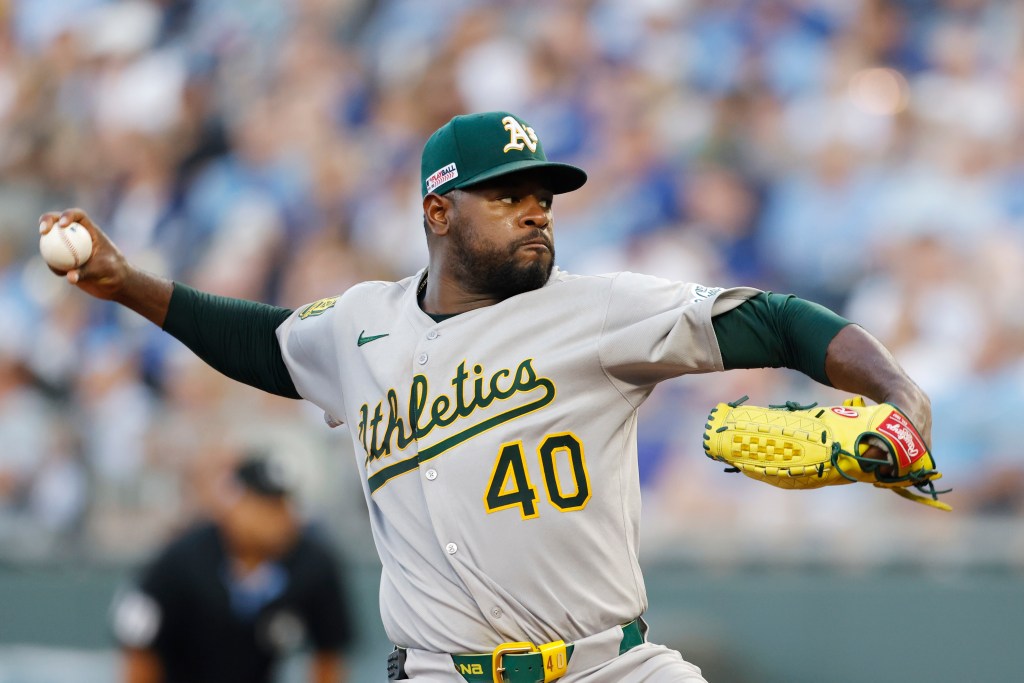 Athletics pitcher Luis Severino delivers to a Kansas City Royals batter during the second inning of a baseball game in Kansas City, Mo., Friday, June 13, 2025.