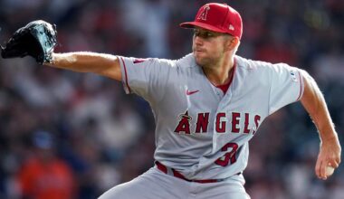 Los Angeles Angels starting pitcher Tyler Anderson delivers to a Houston Astros batter during the first inning of a baseball game Saturday, Aug. 12, 2023, in Houston. (AP Photo/Eric Christian Smith)