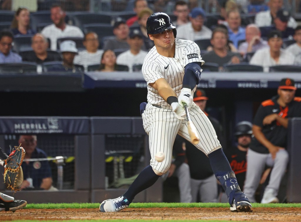 Anthony Volpe, who went 0-for-4, strikes out swinging in the seventh inning of the Yankees' 5-3 loss to the Orioles on June 20, 2025.