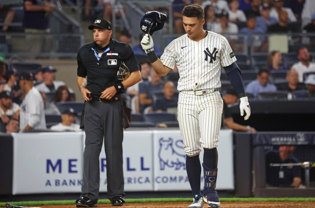 Anthony Volpe reacts dejectedly after striking out in the seventh inning of the Yankees' loss to the Orioles.
