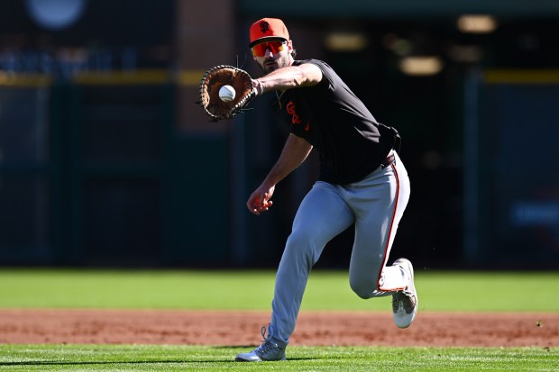 San Francisco Giants' Bryce Eldridge (88) takes infield practice during spring training at Scottsdale Stadium in Scottsdale, Arizona on Friday, Feb. 21, 2025. (Jose Carlos Fajardo/Bay Area News Group)