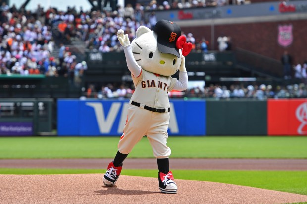 Hello Kitty throws out the ceremonial first pitch before their MLB game at Oracle Park in San Francisco, Calif., on Sunday, June 8, 2025. (Jose Carlos Fajardo/Bay Area News Group)