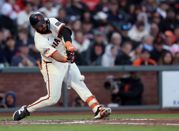 San Francisco Giants' Heliot Ramos #17 hits a two-run home run off Cleveland Guardians starting pitcher Logan Allen #26 in the fifth inning of their MLB game at Oracle Park in San Francisco, Calif., on Wednesday, June 18, 2025. (Jane Tyska/Bay Area News Group)