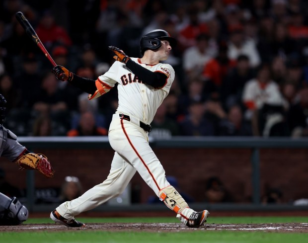 San Francisco Giants' Mike Yastrzemski #5 hits a single off Cleveland Guardians relief pitcher Emmanuel Clase #48 in the ninth inning of their MLB game at Oracle Park in San Francisco, Calif., on Wednesday, June 18, 2025. (Jane Tyska/Bay Area News Group)